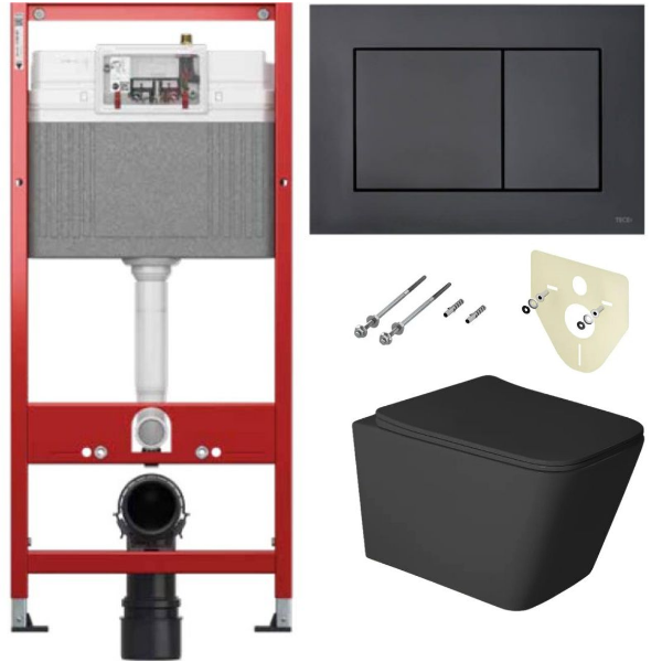 Комплект 6 в 1: инсталляция TECEbase kit 9400414 с черной кнопкой и подвесным унитазом Amore di Mare assaro Tornado P202MB-T